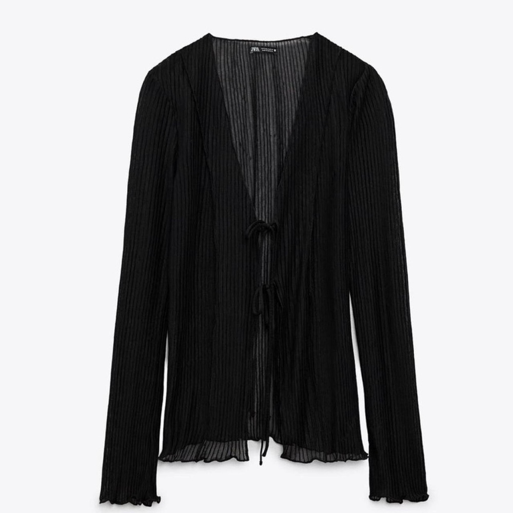 Zara black mesh long sleeve tie top